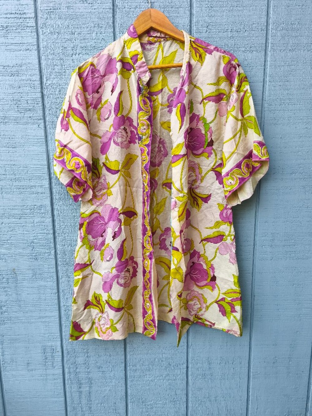70s 80s Vintage Tropical Kimono Cardigan Tunic sz S/M Purple Green Resort Boho